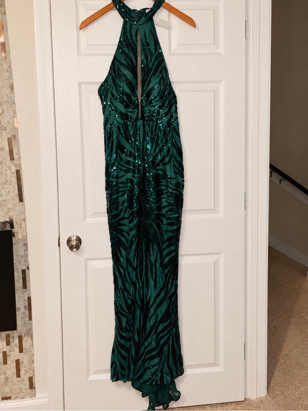 SHEIN Emerald Green Sequin Halter Prom Gown